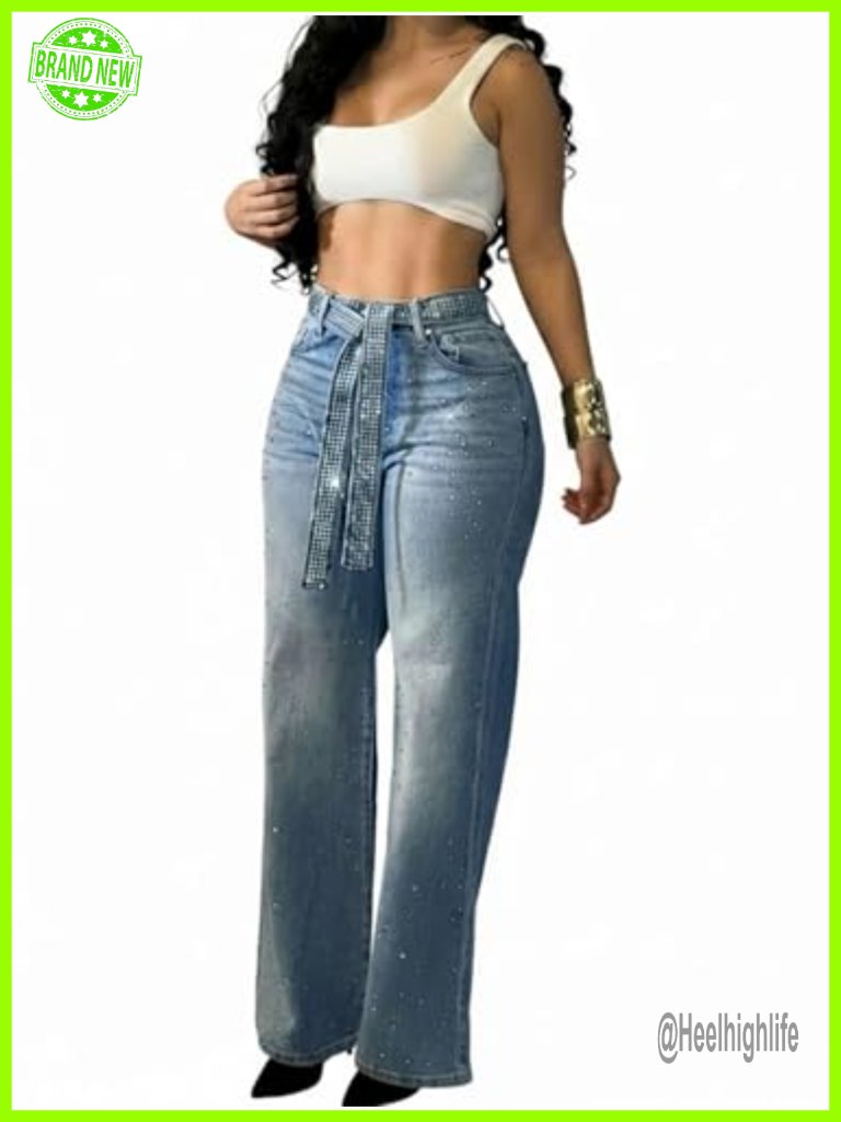 High Waisted Wide Leg Jeans Rhinestone Embellished Denim Pants With Sparkle Belt